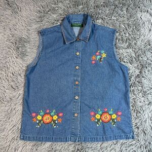 Vintage Lemon Grass Embroidered Denim Vest Sleeveless Shirt 90s Small Floral